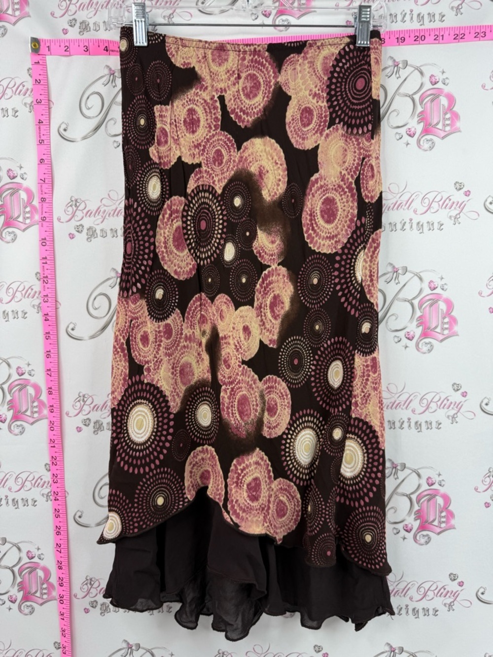 Monte skirt circles tie dye flowy fairy Boho Floral Midi Skirt in Brown and Pink